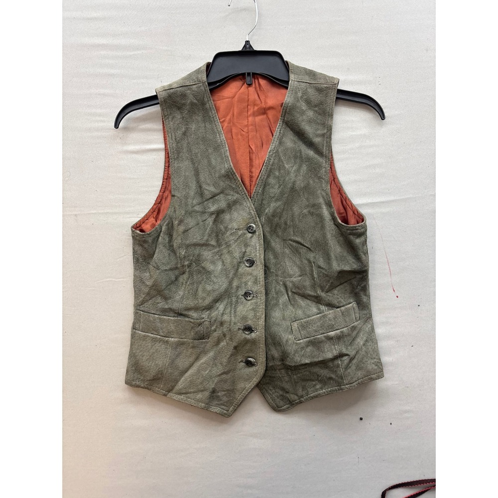 Vintage Distressed Leather Vest Olive Green Cinch Back Waistcoat Boho Western